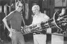 G. Kalbfleisch (L) and J. O'Meara beam about successful magnet test