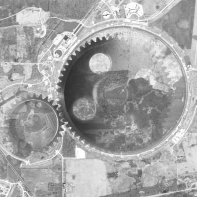 Aerial image of Fermilab with gears